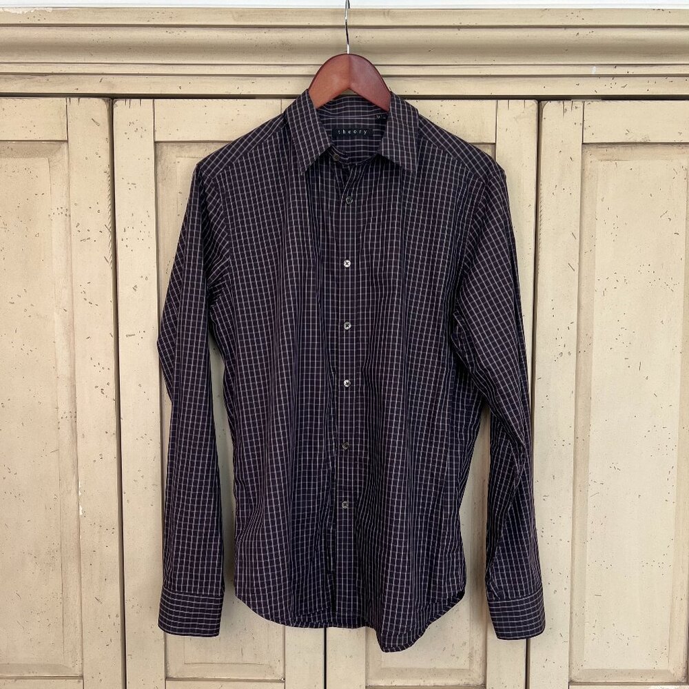 Theory Men’s Slim Fit Button Down Shirt, Navy White Micro Grid Check, Size XL